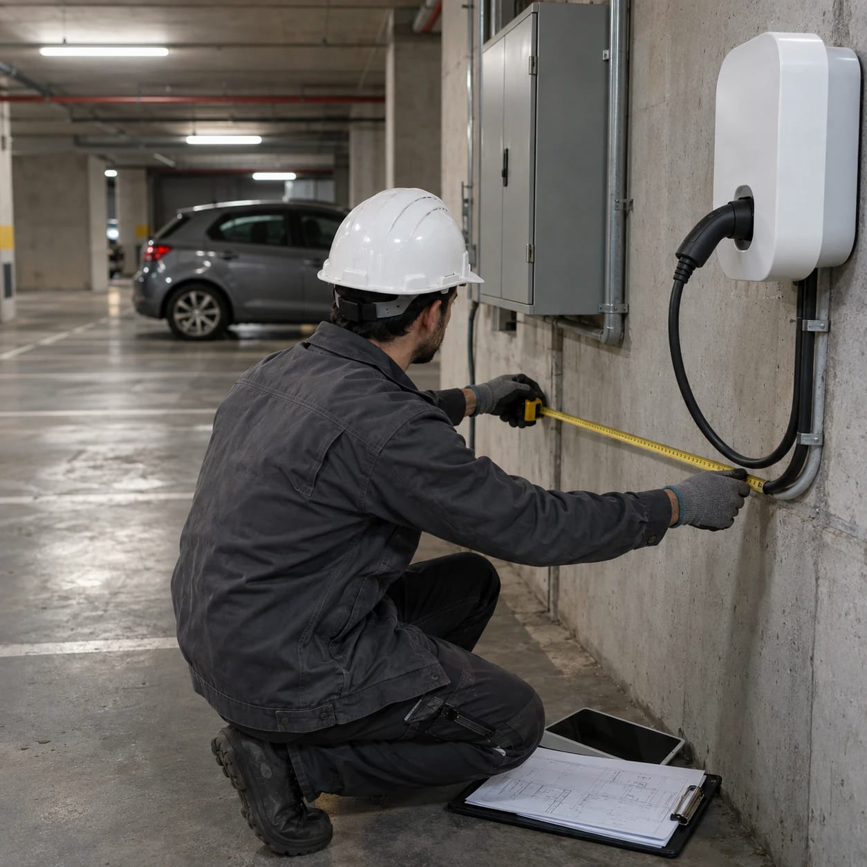 Kapalı otoparkta duvara monte şarj cihazının yanında kablo güzergâhını ölçen elektrik mühendisi