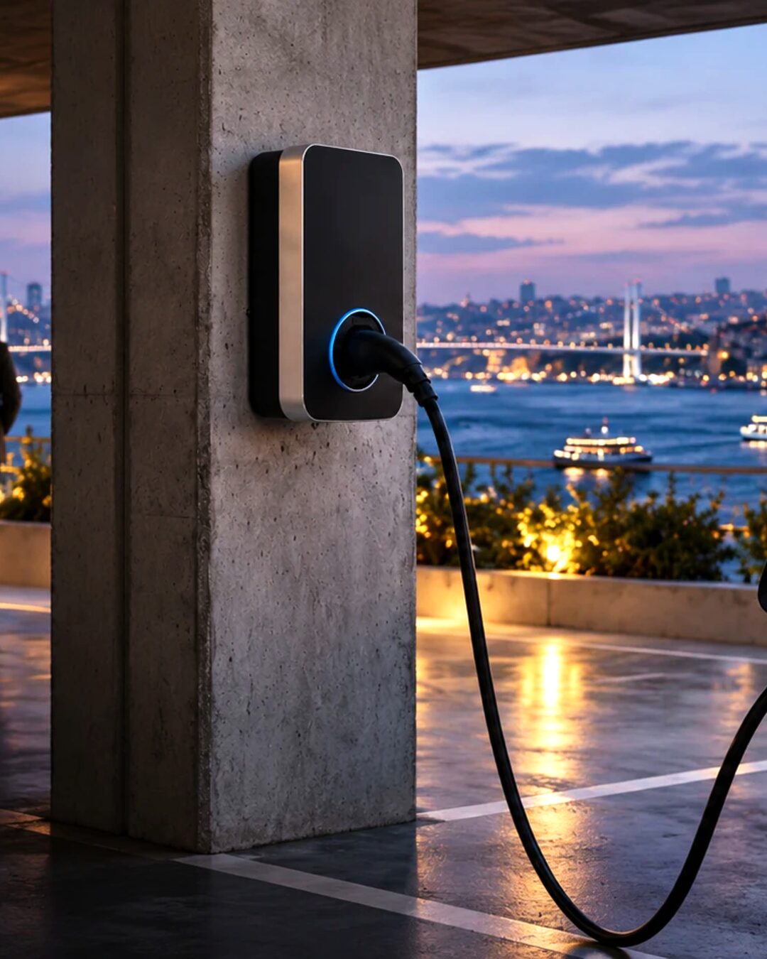 İstanbul manzaralı kapalı otoparkta beton kolona monte şarj ünitesine bağlı elektrikli araç